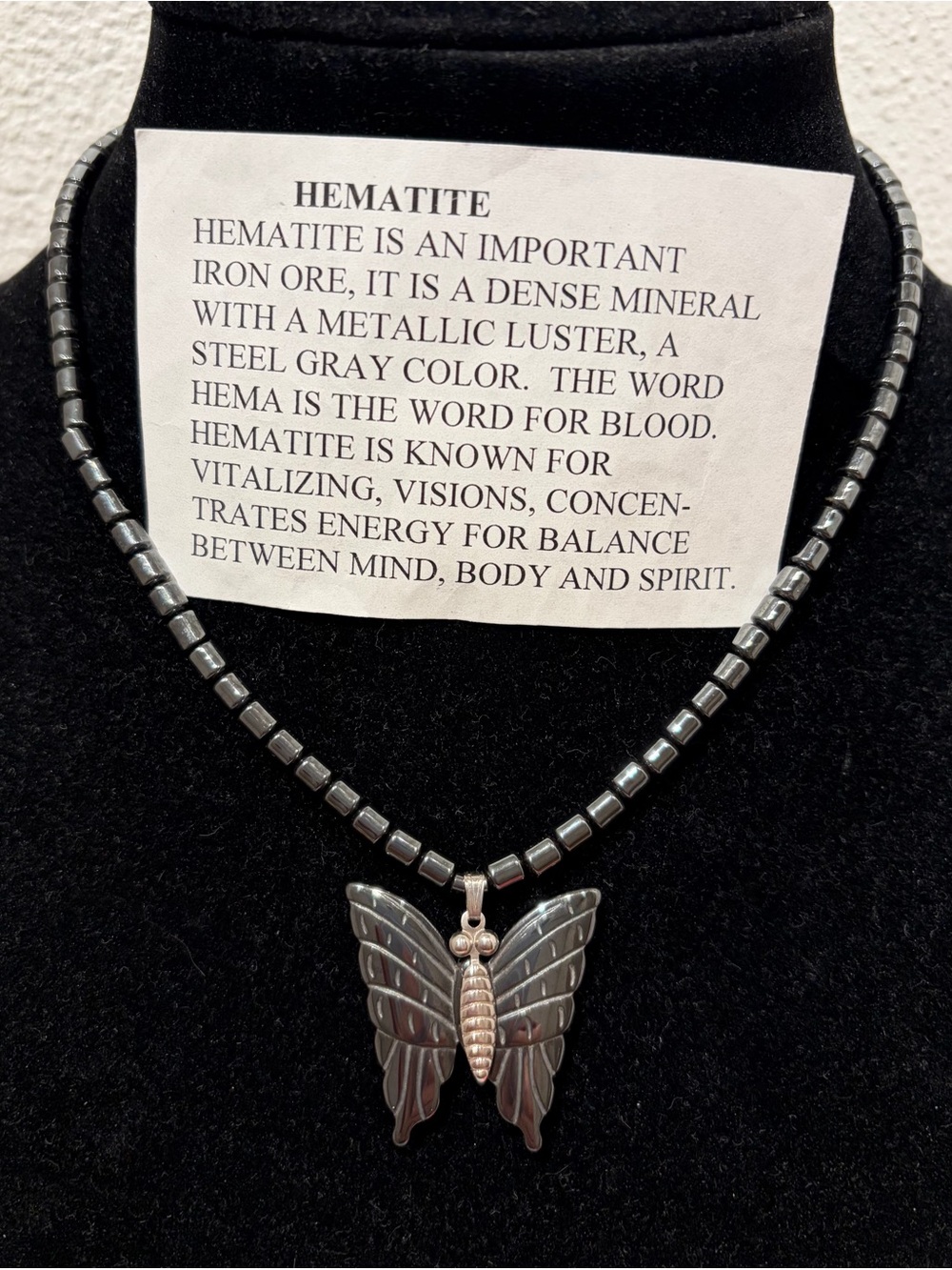 Hematite Butterfly Pendant Necklace Excellent Shape